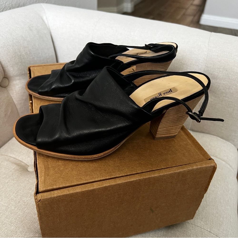 Paul Green NEW Womens Rival Sandals Block Heel Black Ruched Leather SIZE 7.